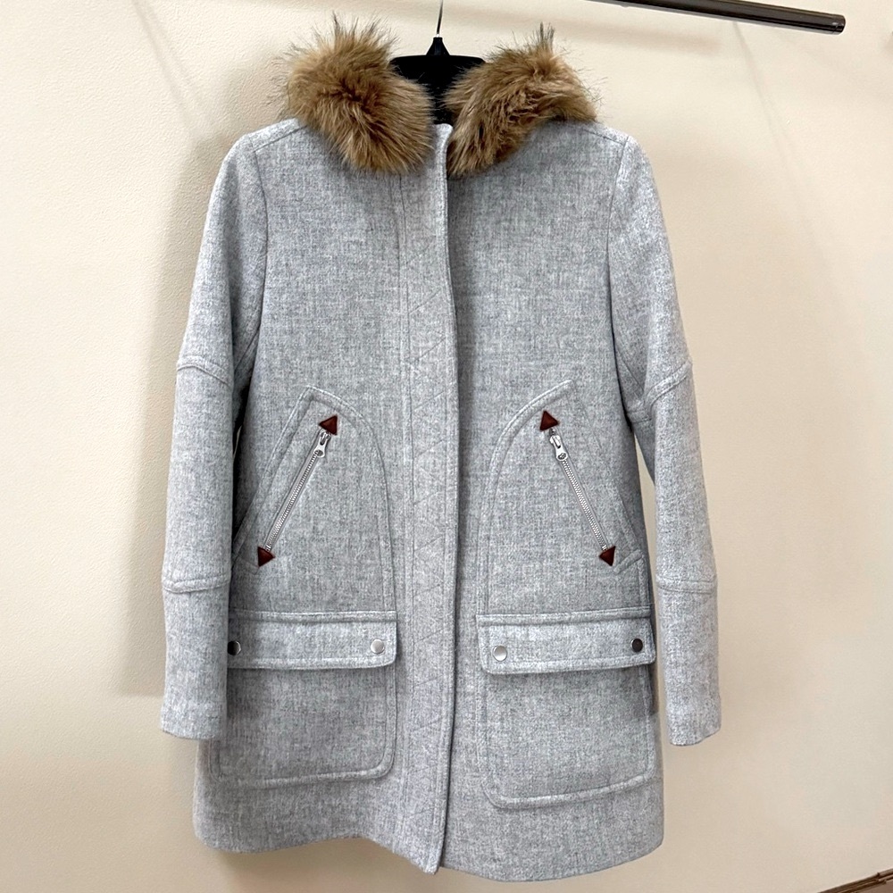 J. Crew Gray Pea Coat with Faux Fur Collar